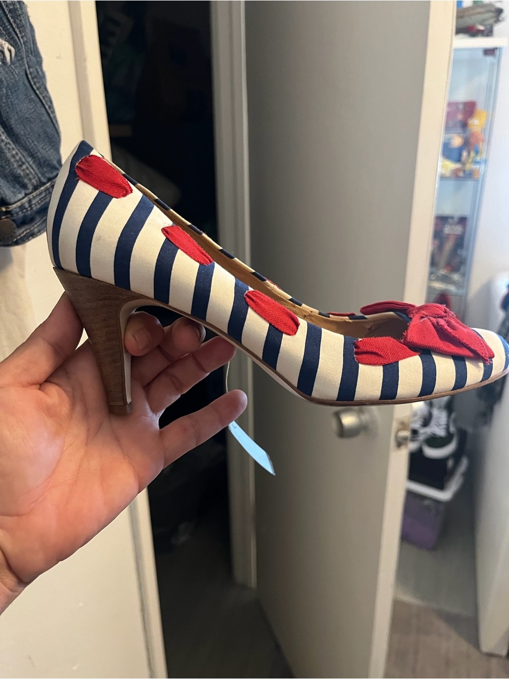 Striped Navy & White Heels with Red Bow Accent
